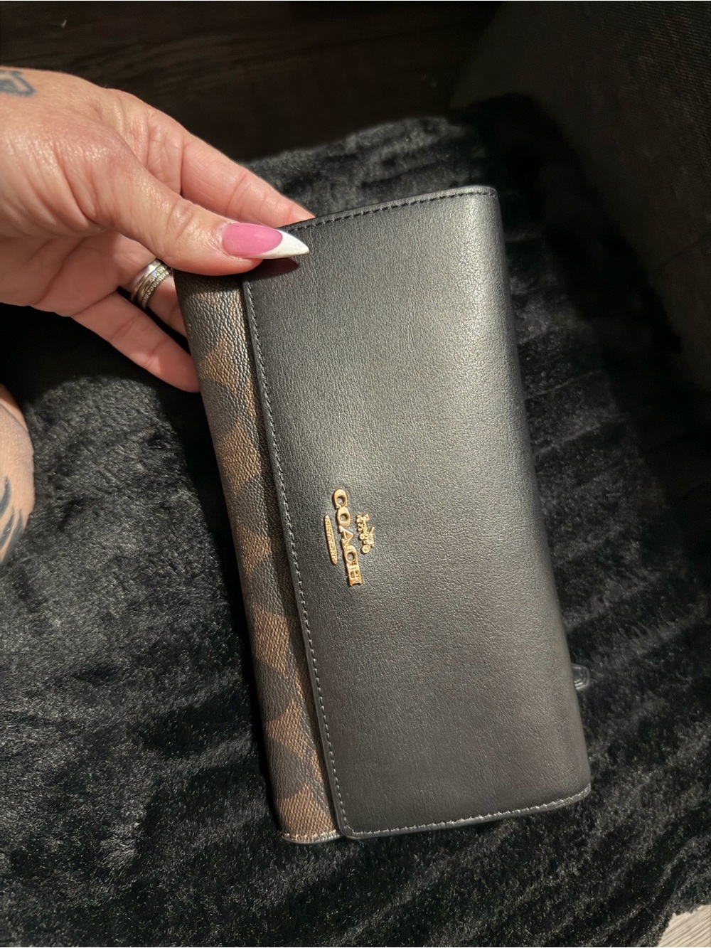 Coach Signature C Canvas Black Leather Long Envelope Wallet Brown Gold